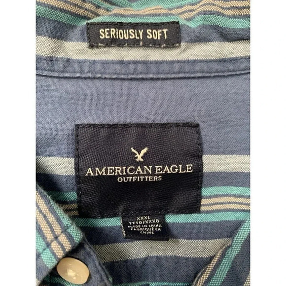 American Eagle Seriously‎ Soft Shirt Mens 3XL Blue Striped Long Sleeve Button Up - Picture 2 of 6
